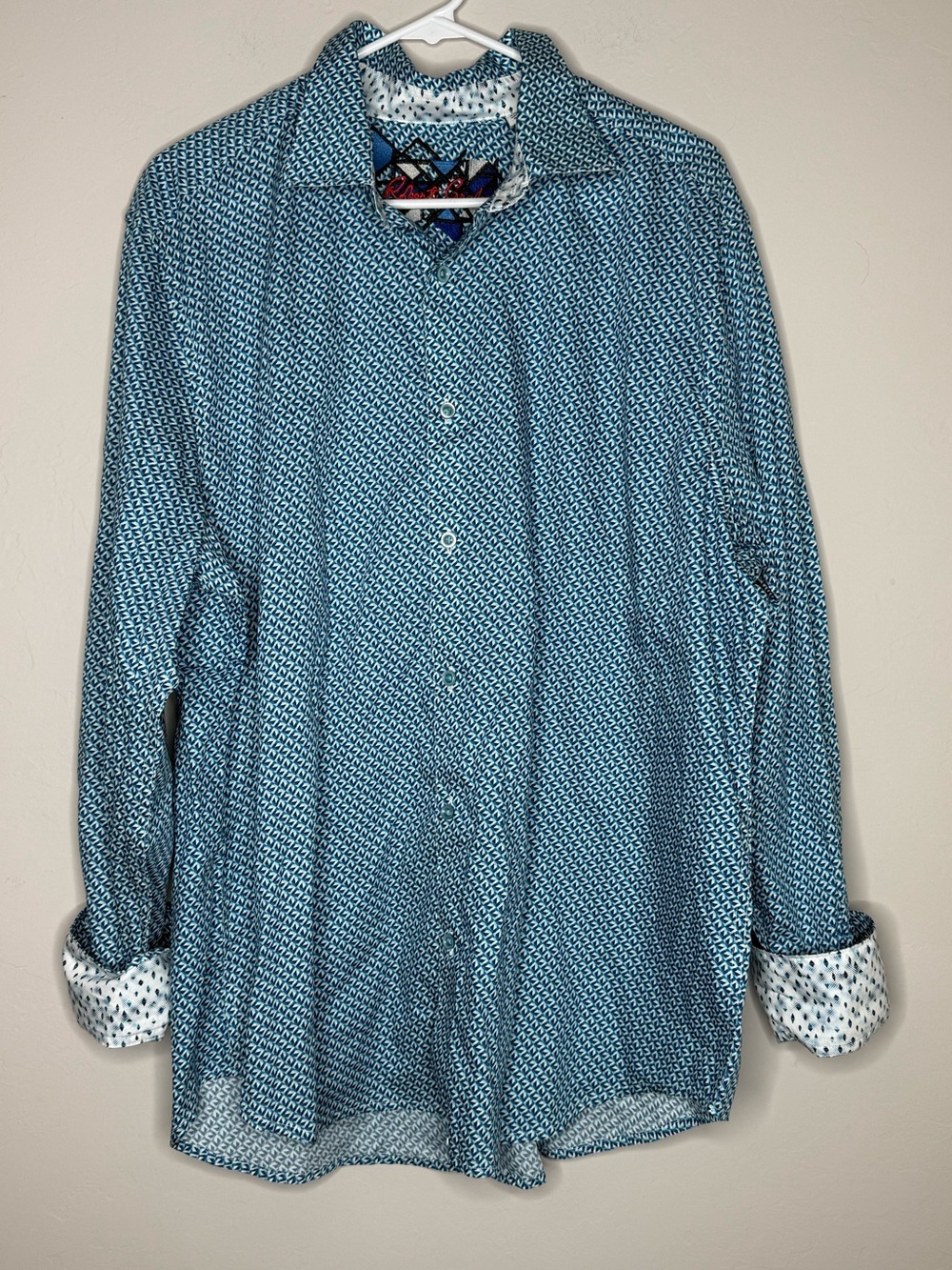 Robert Graham men’s button up dress shirt flip cuff size 2XL blue geometric